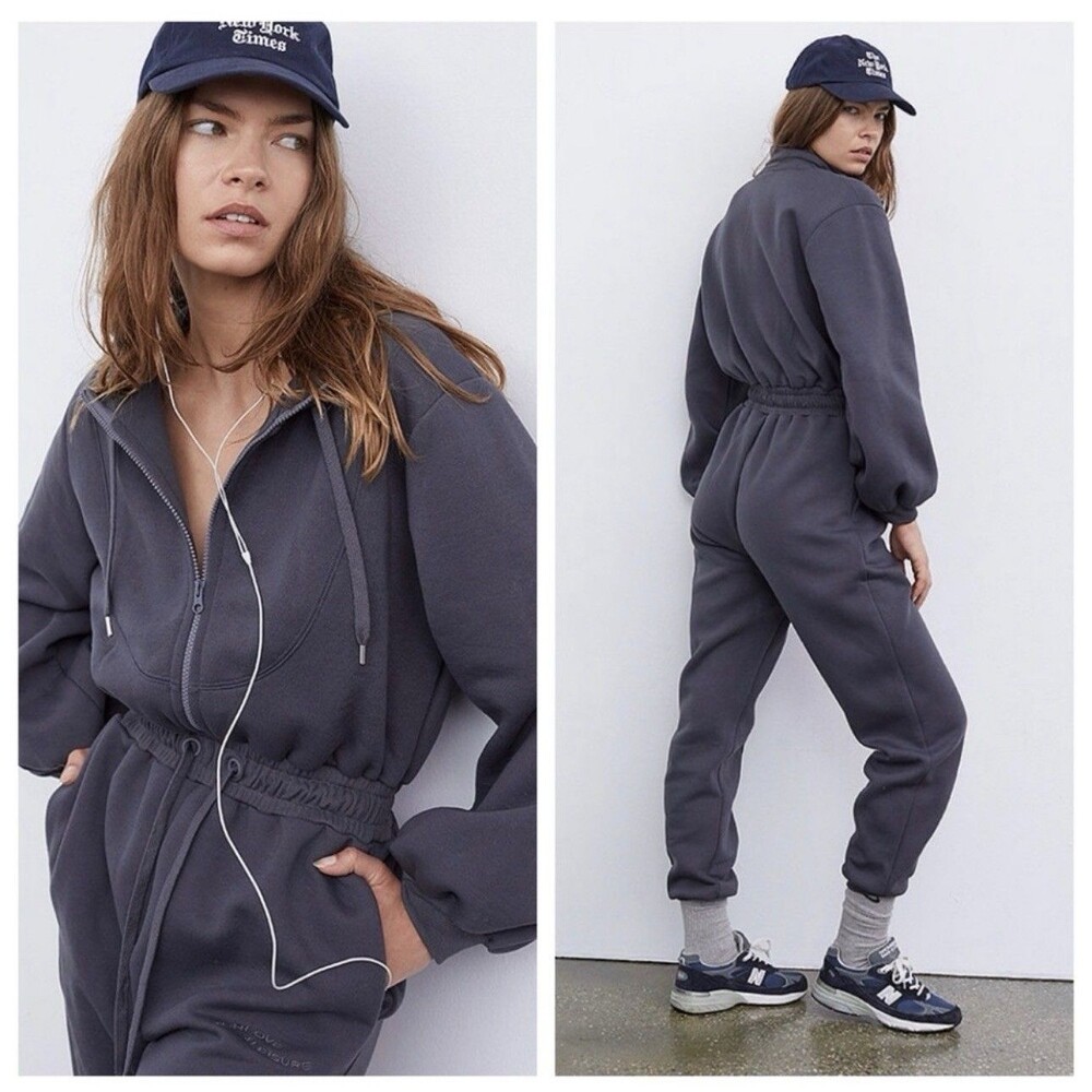 For Love & Lemons Zip Front Lounge Jumpsuit Cinched Waist Gray Athleisure S